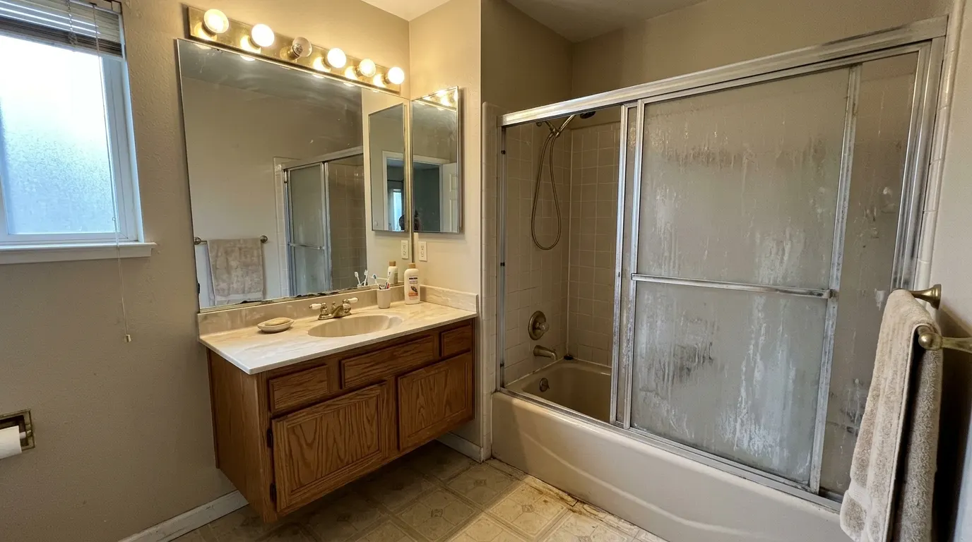Dated bathroom with worn vanity and stained shower doors before renovation