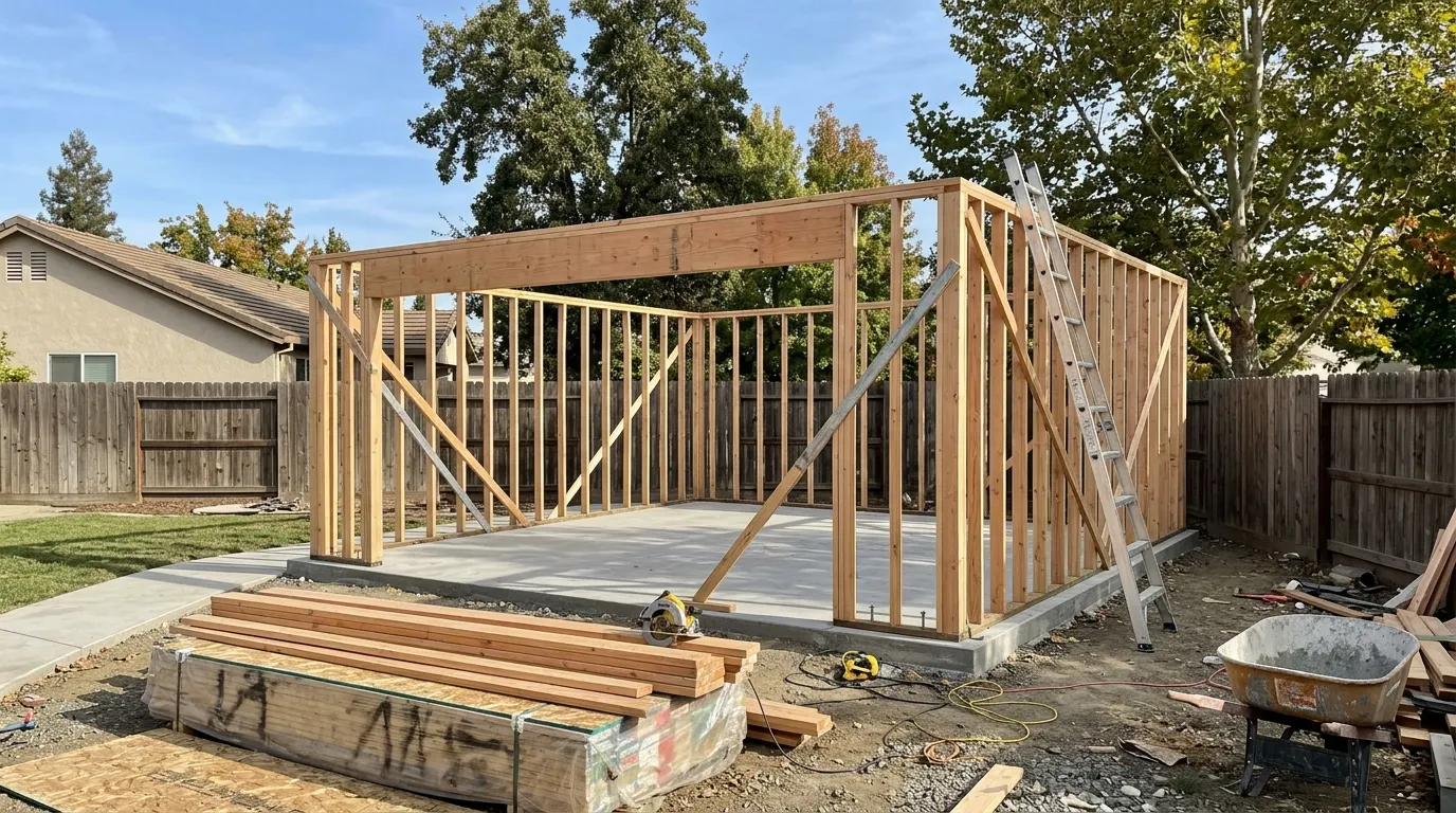 Detached two-car garage framed on a fresh concrete slab