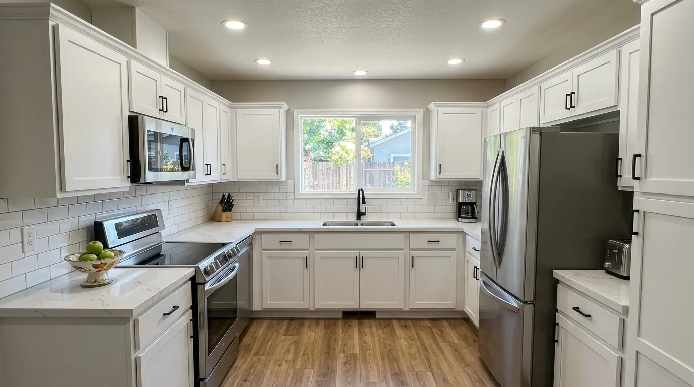 Finished modern kitchen remodel with white shaker cabinets and quartz counters